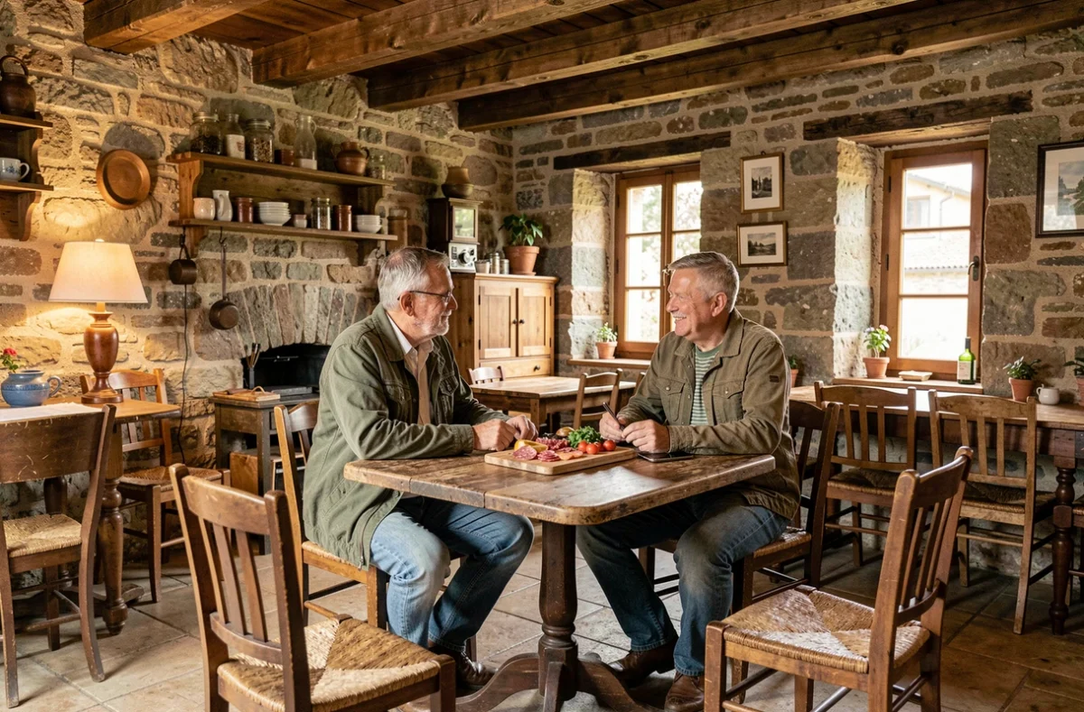 Salle intime de L'Instant à Solre-le-Château avec murs en pierre, poutres apparentes et couple partageant une planche charcuterie