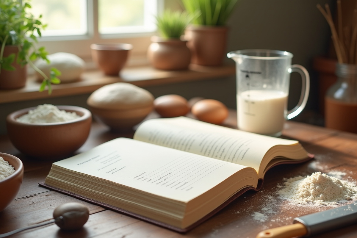 Livre de recette ouvert avec ustensiles et verre de 300 ml de liquide