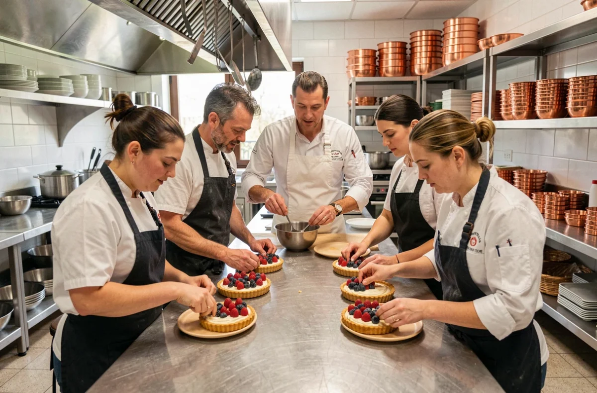 Chef pâtissier enseignant à un groupe d'adultes la réalisation de tartes aux fruits dans une cuisine pédagogique professionnelle à Nice, cours de la Ludovic Gambini Pastry's Masterclass