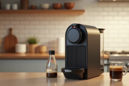 Machine Nespresso Magimix posée sur un plan de travail de cuisine avec une solution détartrante et un récipient d'eau pour le détartrage