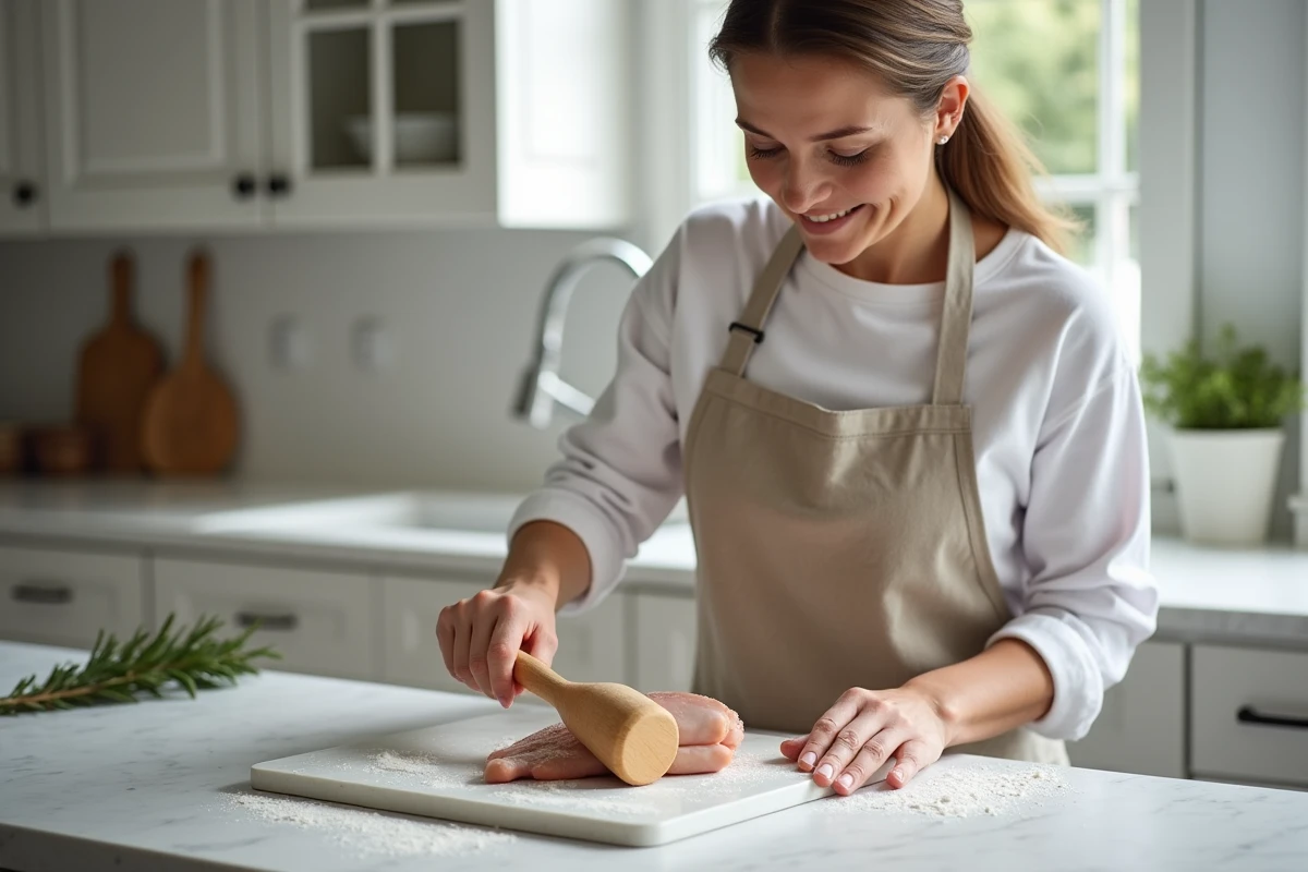 Femme attendrissant un blanc de poulet avec un maillet en bois sur un plan de travail en marbre dans une cuisine moderne