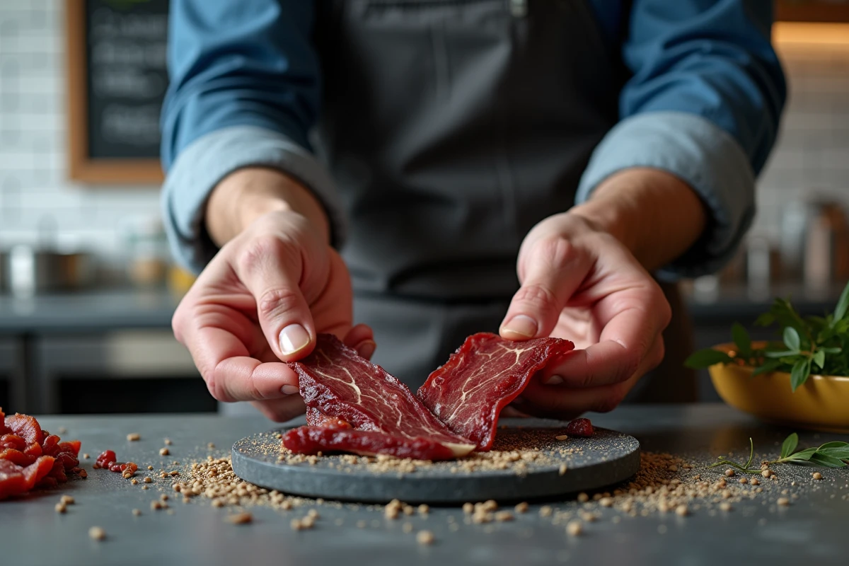 Mains tenant du biltong et du beef jerky dans une boucherie moderne, comparaison des textures de viande séchée