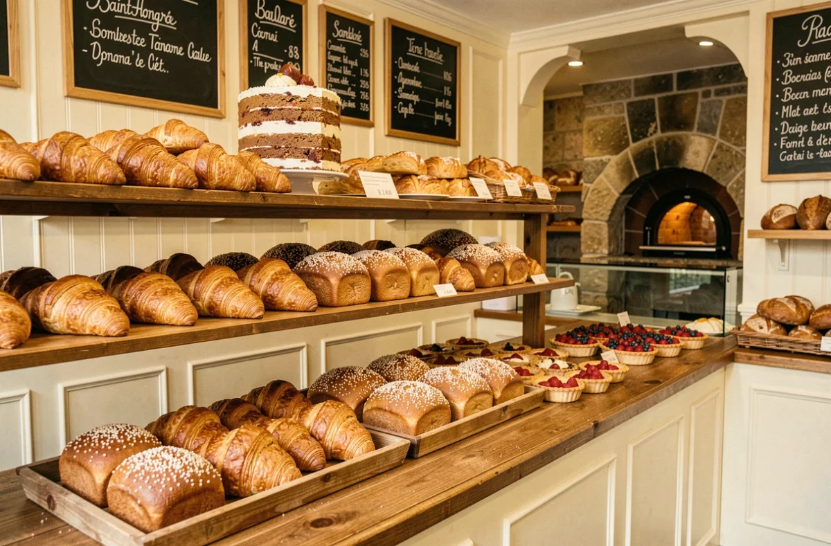 Intérieur d'une boulangerie-pâtisserie traditionnelle avec Saint-Honoré, croissants dorés et brioches sur un étalage en bois, illustrant la Maison Saint-Honoré par Pierre Ragot