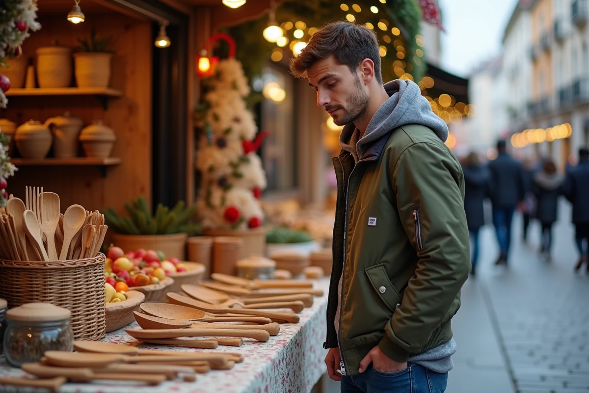 Jeune homme au marché de Noel regarde des ustensiles artisanaux