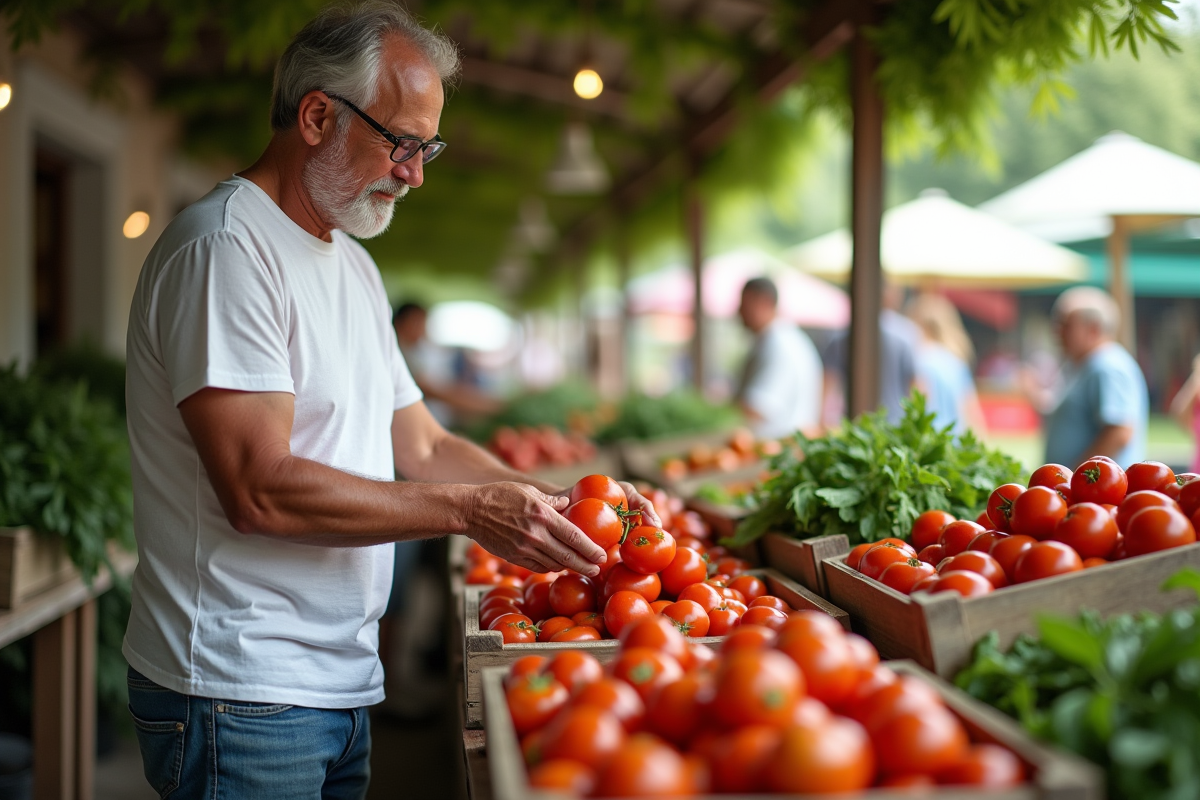 Homme choisissant des tomates au marché en plein air