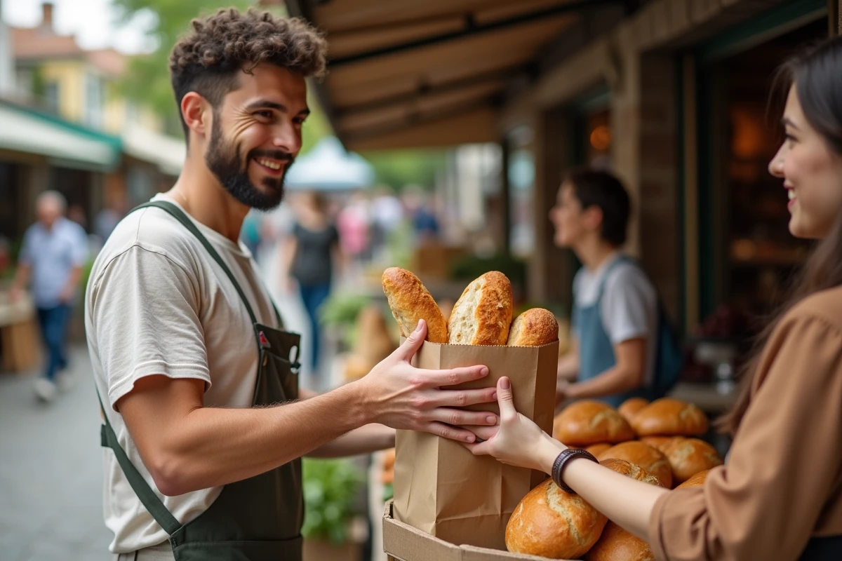 Jeune homme vendant pain frais au marché en plein air