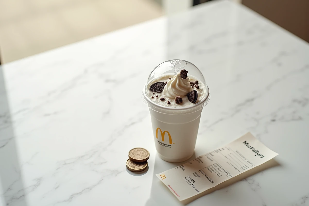 McFlurry McDonald's posé sur un comptoir en marbre avec des pièces de monnaie et un ticket de caisse illustrant le coût du dessert