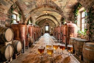 Intérieur d'une brasserie artisanale bourguignonne avec cuves de fermentation en cuivre, tonneaux en bois et verres de bière ambrée sur un comptoir en chêne
