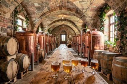 Intérieur d'une brasserie artisanale bourguignonne avec cuves de fermentation en cuivre, tonneaux en bois et verres de bière ambrée sur un comptoir en chêne