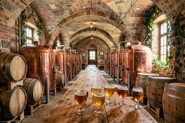 Intérieur d'une brasserie artisanale bourguignonne avec cuves de fermentation en cuivre, tonneaux en bois et verres de bière ambrée sur un comptoir en chêne
