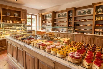 Vue grand angle de l'intérieur d'une pâtisserie provençale avec une vitrine en marbre exposant une sélection colorée de tartes, macarons et mille-feuilles dans un décor chaleureux aux carreaux en terre cuite