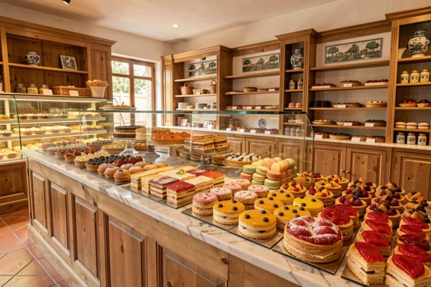 Vue grand angle de l'intérieur d'une pâtisserie provençale avec une vitrine en marbre exposant une sélection colorée de tartes, macarons et mille-feuilles dans un décor chaleureux aux carreaux en terre cuite