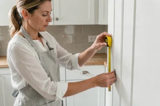 Femme mesurant une porte de cuisine avec un mètre ruban dans une cuisine moderne scandinave
