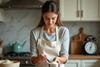 Femme mesurant une tasse de farine avec une tasse doseuse en inox sur un plan de travail en marbre dans une cuisine moderne