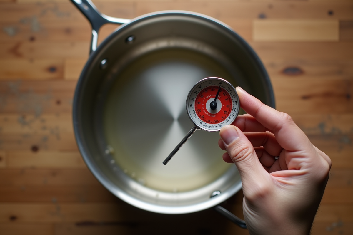 Main tenant un thermomètre dans une casserole d