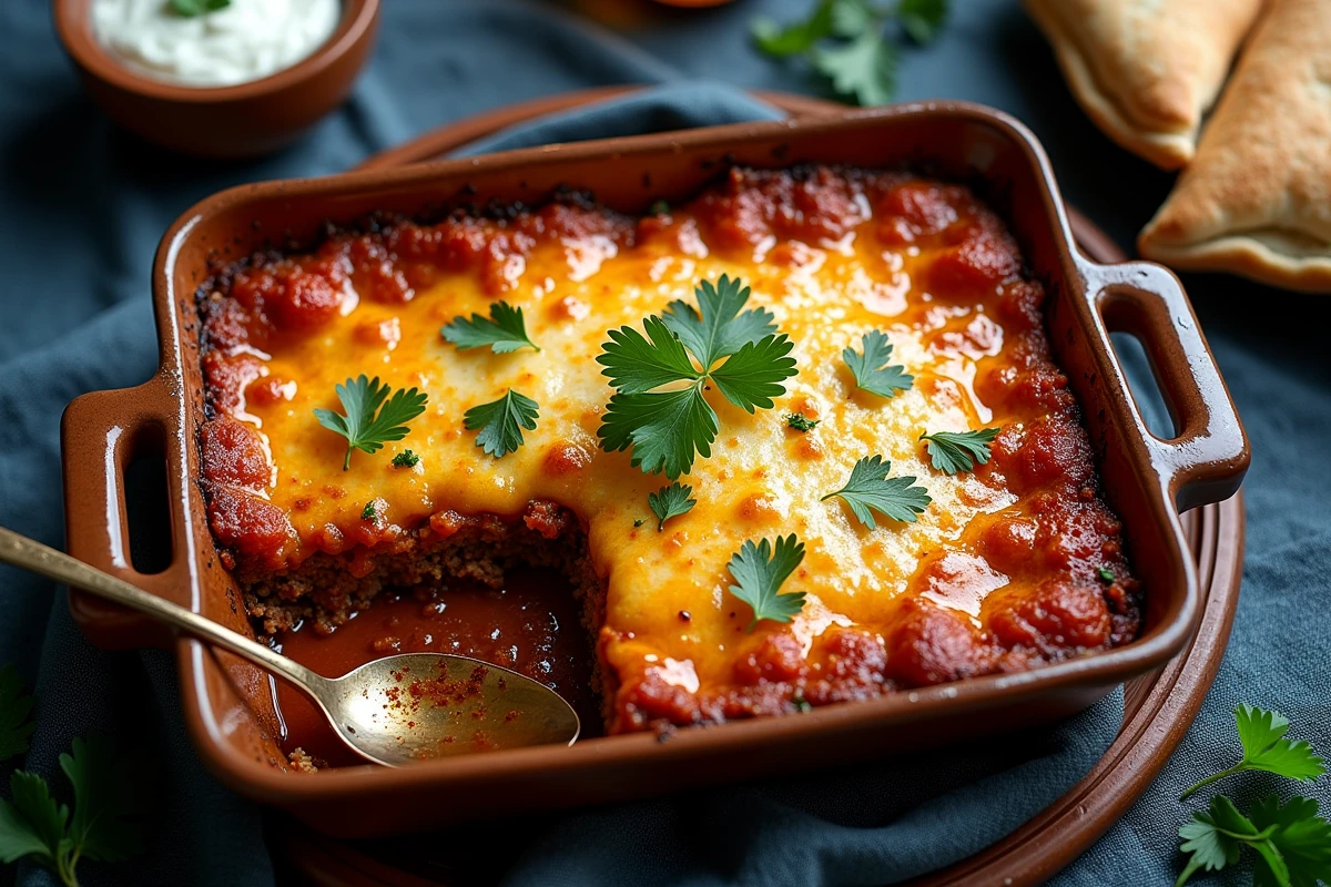 Moussaka égyptienne au four en plat céramique rectangulaire avec aubergines rôties, agneau épicé et croûte de fromage dorée sur nappe en lin bleu marine
