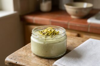 Mousse légère à la pistache servie dans un bocal en verre avec des pistaches concassées sur une table en bois rustique