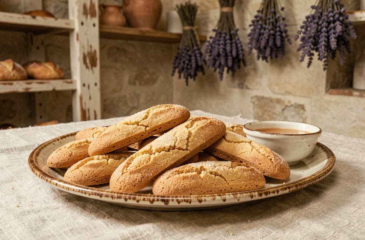Gros plan sur des navettes provençales traditionnelles à la fleur d'oranger posées sur un plateau en céramique vernissée avec du miel de lavande dans une pâtisserie artisanale d'Aix-en-Provence