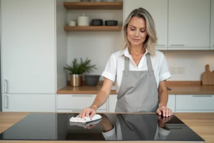 Femme nettoyant une plaque vitrocéramique noire avec un chiffon microfibre dans une cuisine moderne scandinave