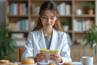 Nutritionniste en blouse blanche analysant l'étiquette nutritionnelle d'un gâteau industriel peu calorique dans son cabinet