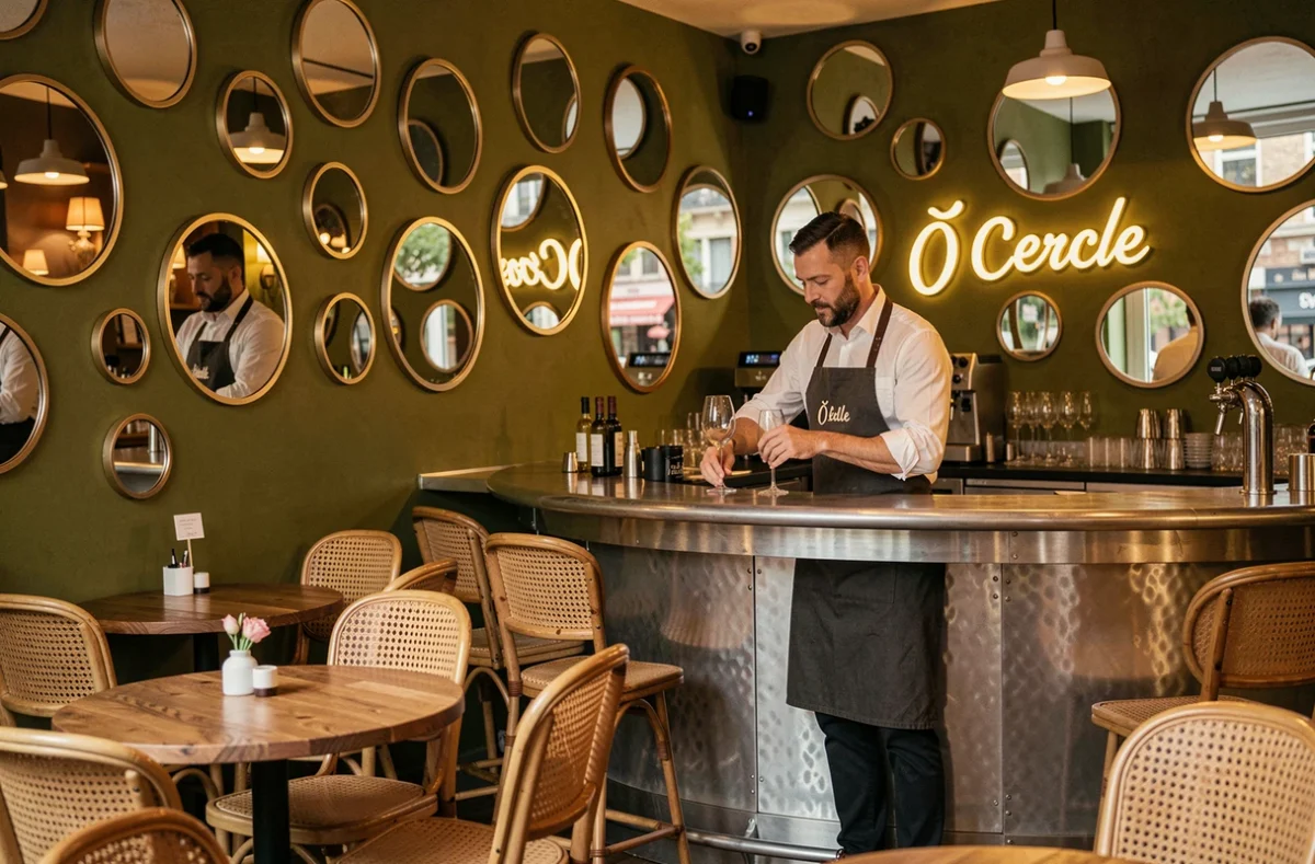 Intérieur du bistrot Ô Cercle à Lille avec miroirs ronds sur mur vert olive et barman en tablier derrière le zinc