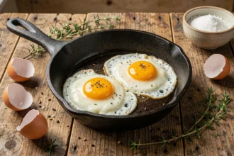 Œufs au plat dans une poêle en fonte sur un plan de travail en bois rustique, idéaux pour l'apport en protéines du sportif