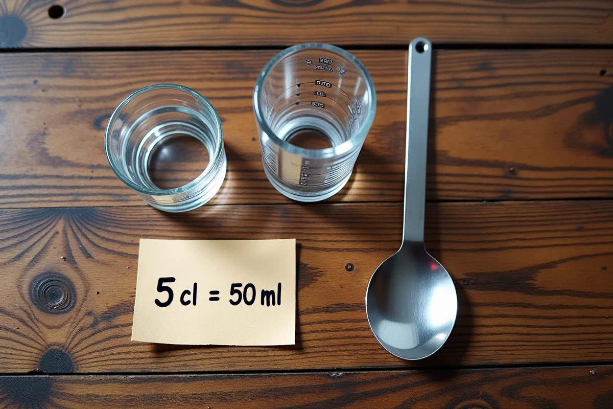 Vue du dessus d'outils de mesure de cuisine incluant un verre doseur 5 cl et un cylindre gradué en millilitres sur une table en bois