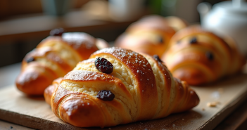 Pain aux raisins frais sur une table en bois rustique