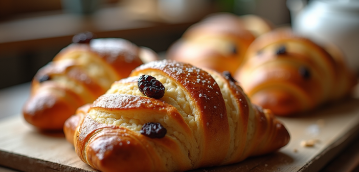 Pain aux raisins frais sur une table en bois rustique
