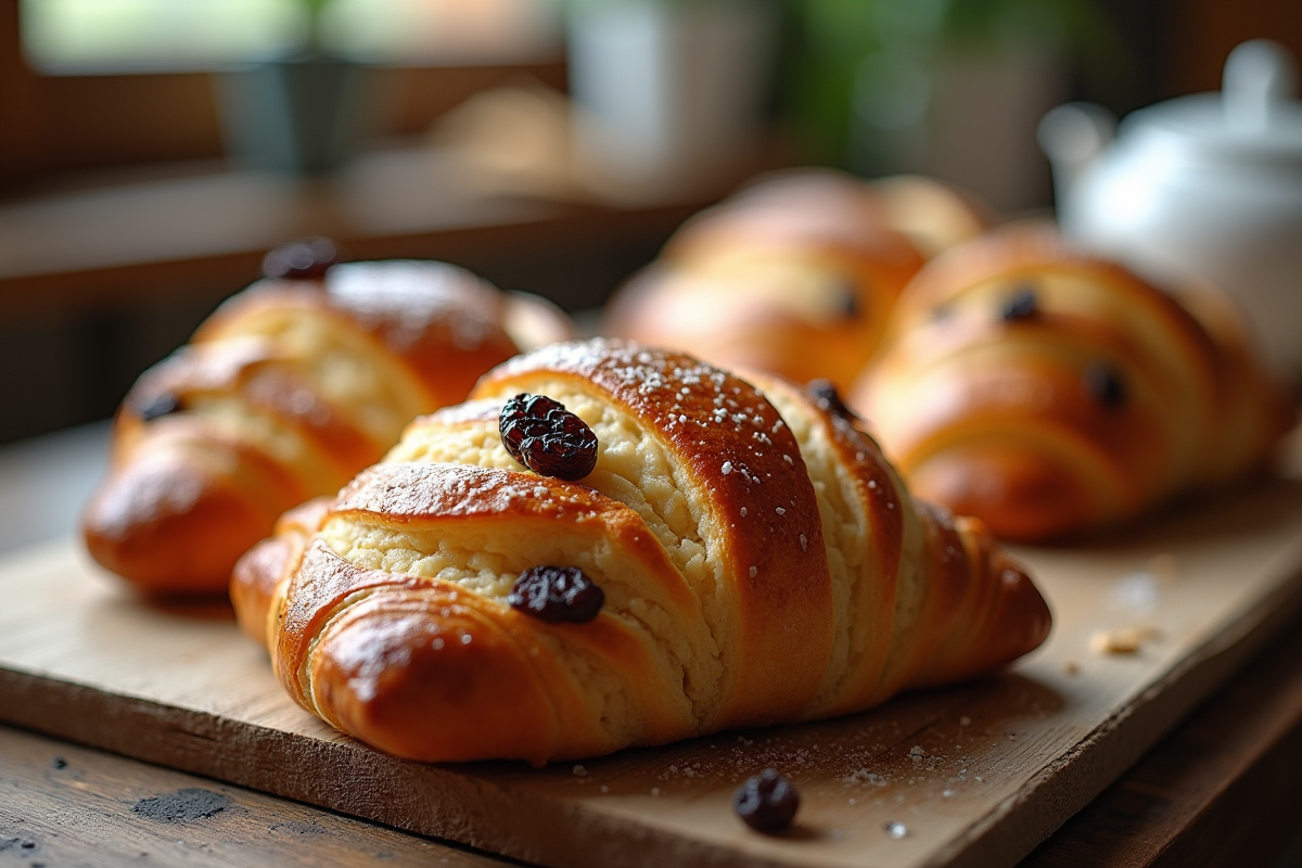 Pain aux raisins frais sur une table en bois rustique