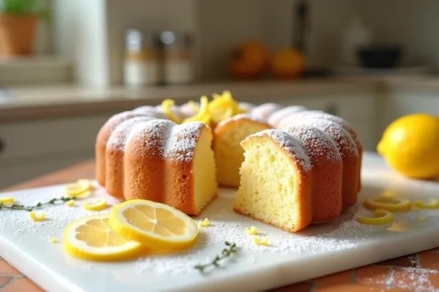 Pain de gênes au citron entier sur un plateau en marbre blanc, saupoudré de sucre glace avec des zestes et tranches de citron frais dans une cuisine provençale