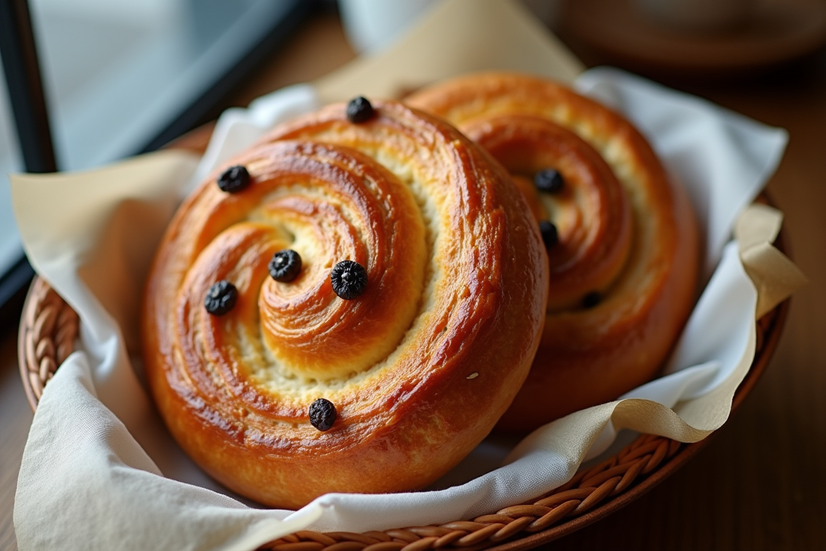 Panier de pain aux raisins dorés sur un comptoir de café