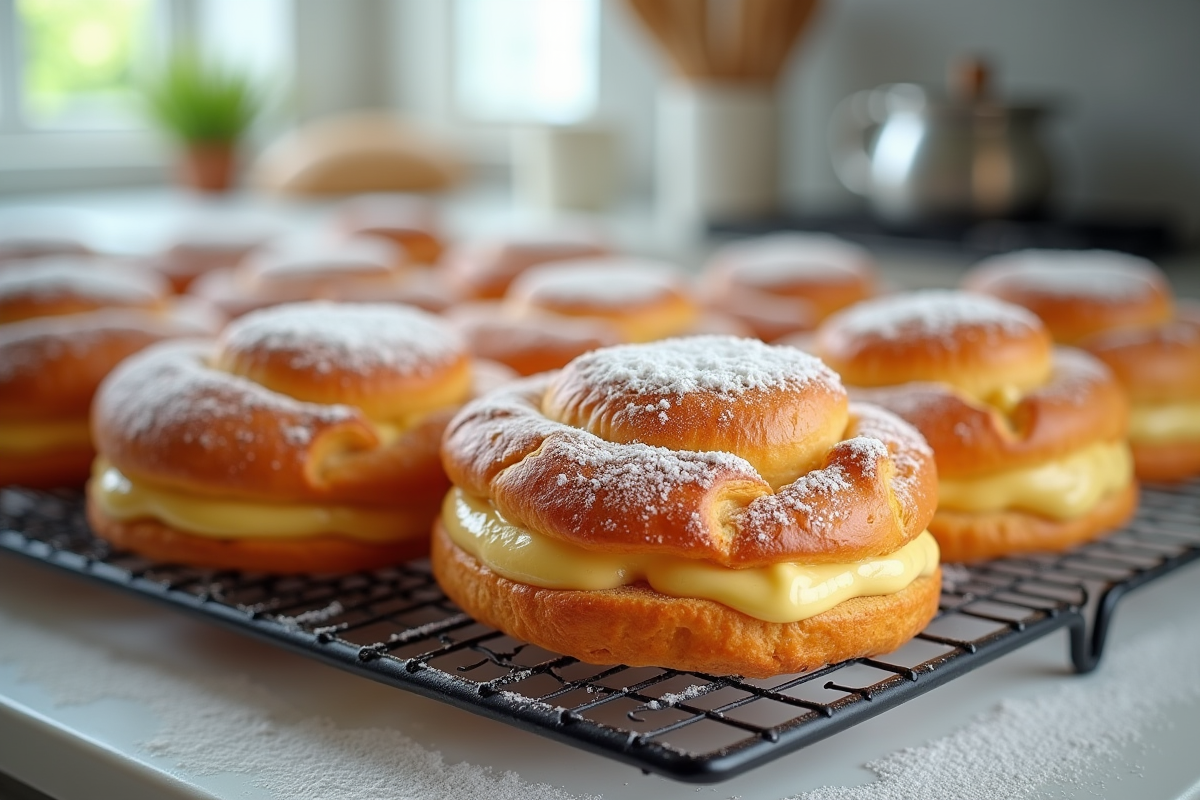 Gros plan sur plusieurs ParisBrest dorés et saupoudrés