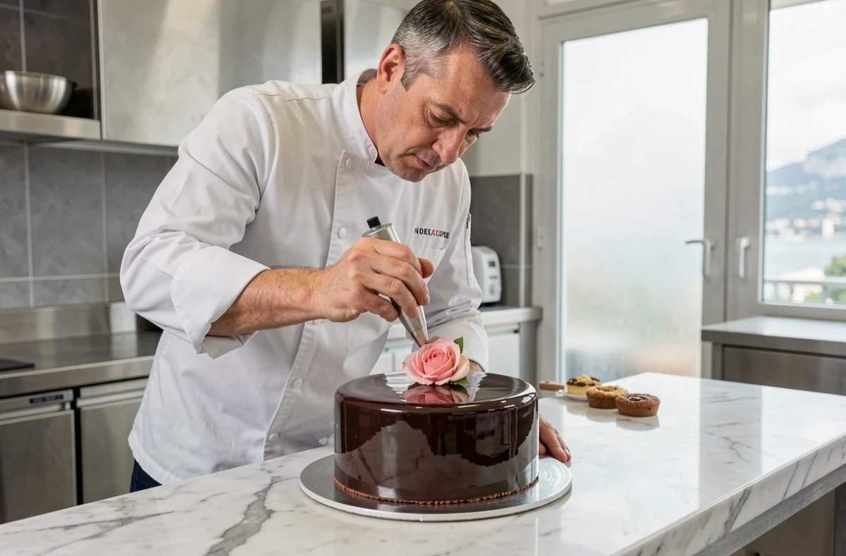 Pâtissier artisan d'une cinquantaine d'années en veste blanche décorant un entremets au chocolat brillant sur un plan de travail en marbre dans l'atelier de la pâtisserie Pascal Lac à Nice