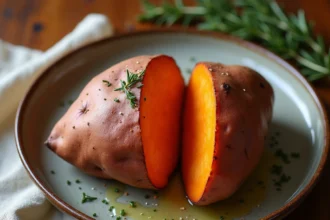 Patate douce entière rôtie au four, peau dorée et chair orange fondante avec huile d'olive et fleur de sel sur une table en bois rustique