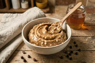 Bol de pâte à cookie crue healthy aux flocons d'avoine et beurre de cacahuète avec pépites de chocolat sur plan de travail en bois rustique