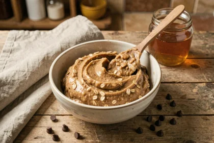 Bol de pâte à cookie crue healthy aux flocons d'avoine et beurre de cacahuète avec pépites de chocolat sur plan de travail en bois rustique