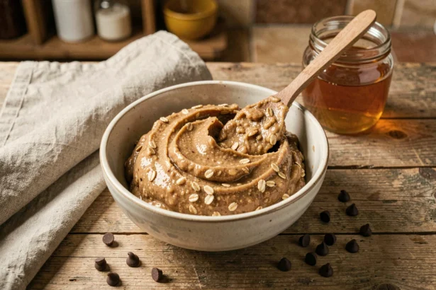Bol de pâte à cookie crue healthy aux flocons d'avoine et beurre de cacahuète avec pépites de chocolat sur plan de travail en bois rustique