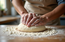 Mains de boulanger pétrissant la pâte sur un plan de travail en bois