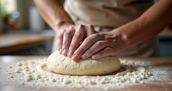 Mains de boulanger pétrissant la pâte sur un plan de travail en bois