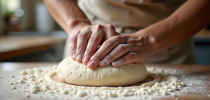 Mains de boulanger pétrissant la pâte sur un plan de travail en bois