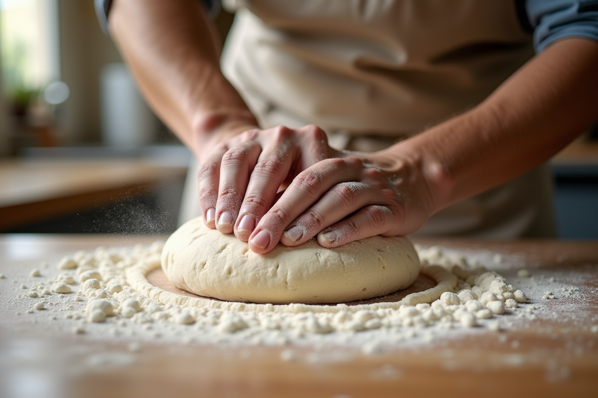 Mains de boulanger pétrissant la pâte sur un plan de travail en bois