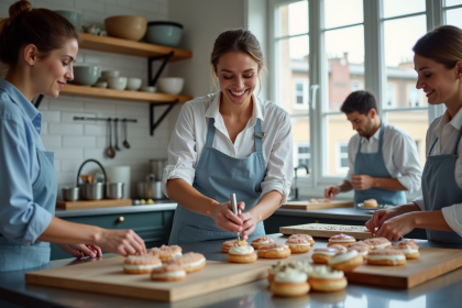 Femme souriante décorant des éclairs dans une cuisine parisienne