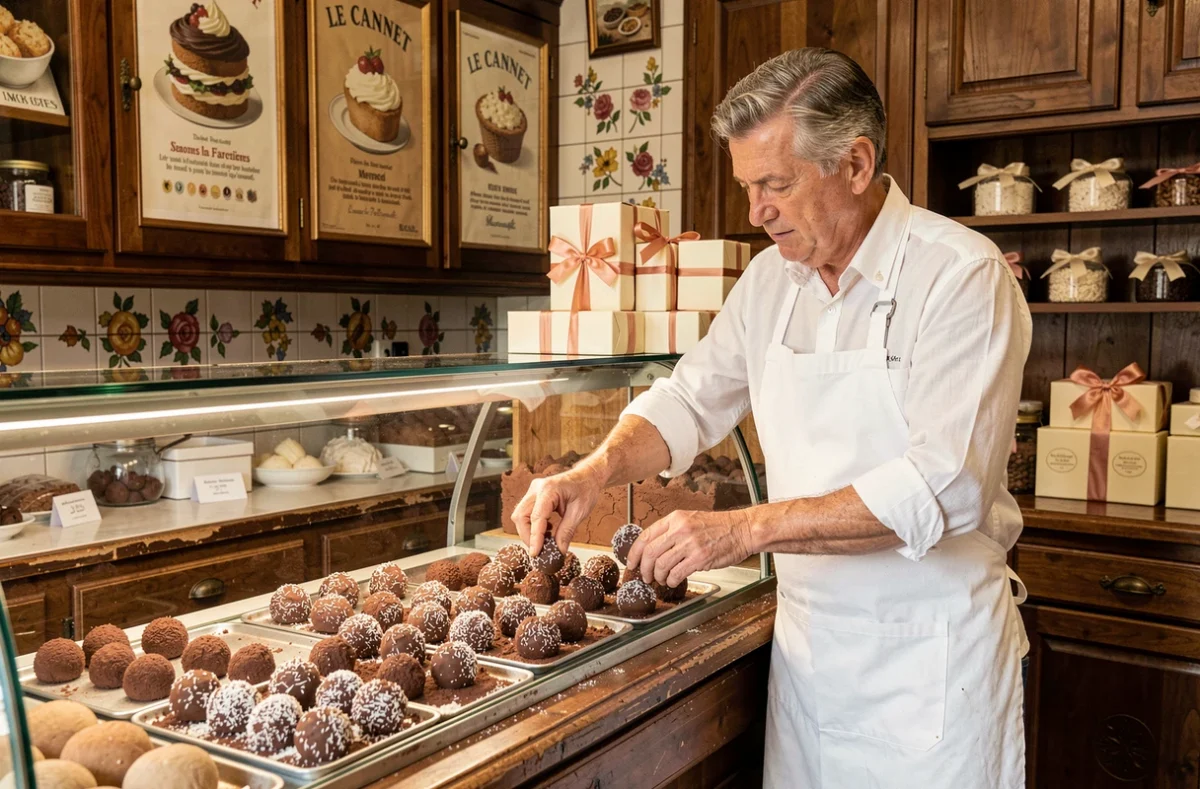Pâtissier-chocolatier arrangeant des truffes en chocolat artisanales dans une vitrine en verre dans la boutique familiale de la Pâtisserie Chocolaterie Philippe Brito au Cannet