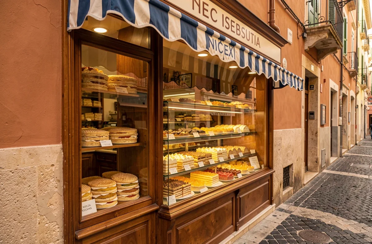 Devanture traditionnelle de la Pâtisserie Nouvelle Cappa à Nice avec vitrine exposant mille-feuilles et tartes aux agrumes confits dans une rue pavée du Vieux-Nice