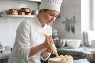Jeune pâtissière en veste blanche décorant un gâteau à la poche à douille dans une cuisine professionnelle