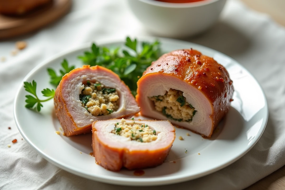 Coupe transversale d'une paupiette de porc bien cuite montrant un cœur juteux et une farce moelleuse aux herbes