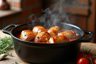 Paupiettes de porc mijotées dans une cocotte en fonte avec sauce tomate aux herbes, cuisson lente pour un cœur bien cuit et juteux