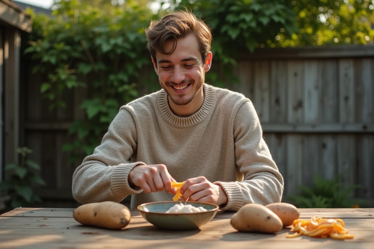 Jeune homme pelant des patates douces dans un jardin