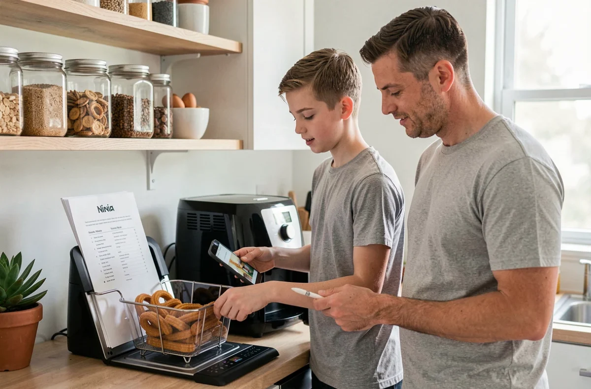 Père et fils préparant des churros avec un Air Fryer Ninja en suivant une recette PDF sur tablette